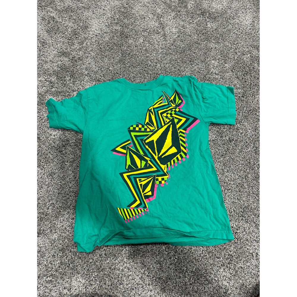 Volcom Boys Green Graphic Tee Neon Geometric Stone Logo Shirt Size Medium Kids